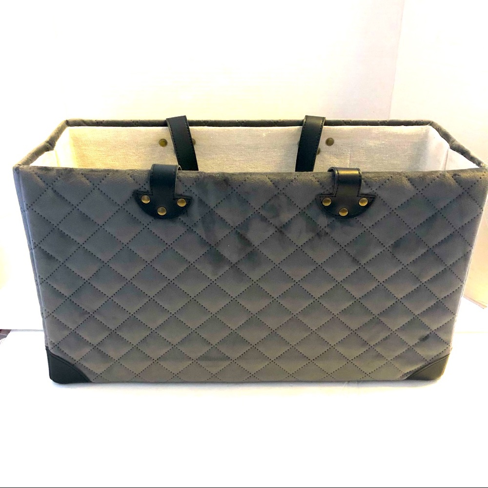 Gray quilted velvet tote with brown leather trim